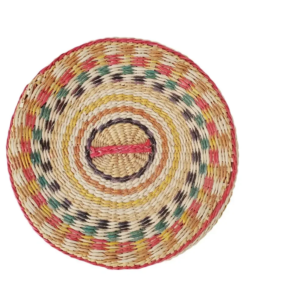 Woven Grass Lidded Basket 6 3/4” Round Red Green Christmas